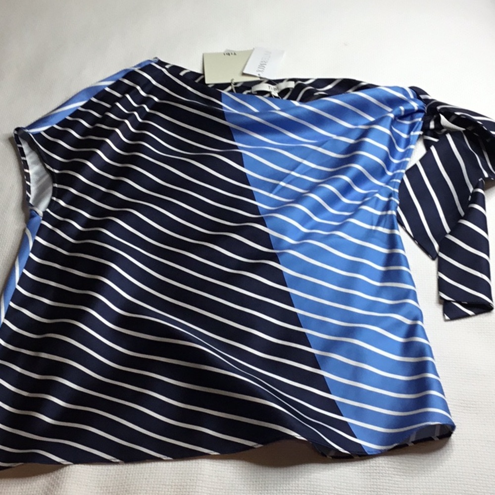 Tibi Asymmetrical, stripe, tie sleeve, blouse.